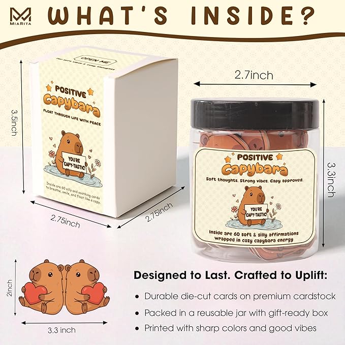 Positive Capybara Jar - 60 Positive Affirmation Cards For Women, Girls, Cards to Reduce Anxiety & Increase Relaxation, Capybara Gifts For Women, Kids, Teen Girl Gifts Trendy Stuff