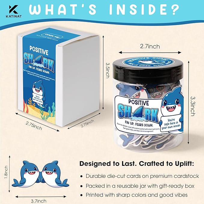 Positive Shark Jar, 60 Affirmation Cards, Emotional Support Shark Gift, Shark Decor, Get Well Gifts for Men, Shark Stuffed Animal Alternative, Shark Decorations