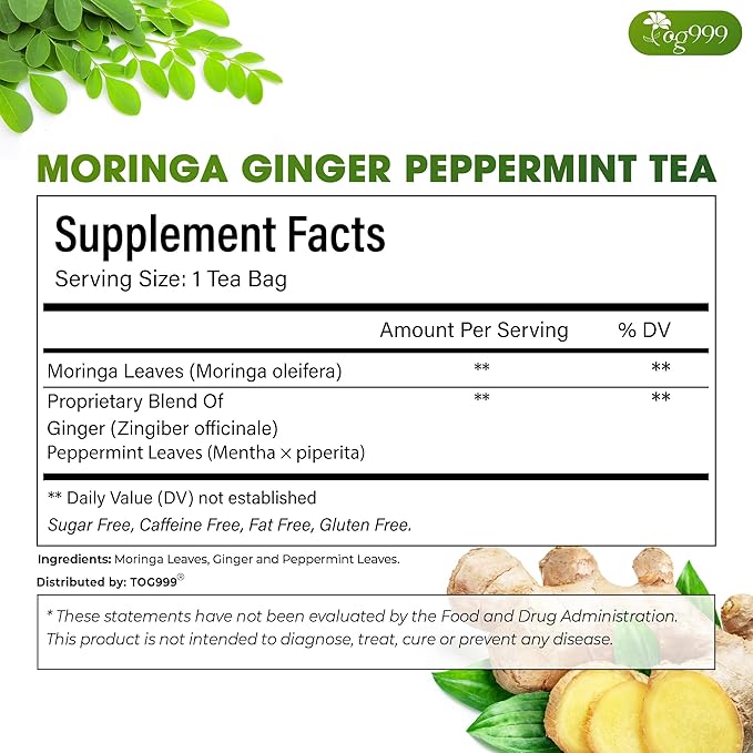 TOG999, Premium Moringa Ginger Peppermint Herbal Tea ā 60 Tea Bags ā Caffeine-Free, Plant-Based, Non-GMO, Naturally Refreshing Flavor, No Artificial Additives, No Sugar, No Gluten. Vegan