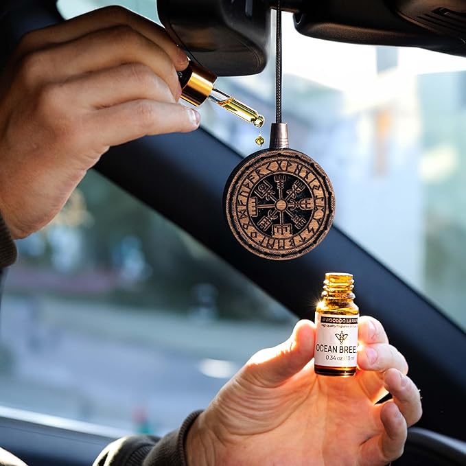 Wood Car Air Freshener — Handmade Car Air Freshener — Vegvisir Designed Fragrance Oil Diffuser in Wooden Gift Box — Aromatherapy Gift Set with Coffee Beans Fragrance Oil - 10 ml