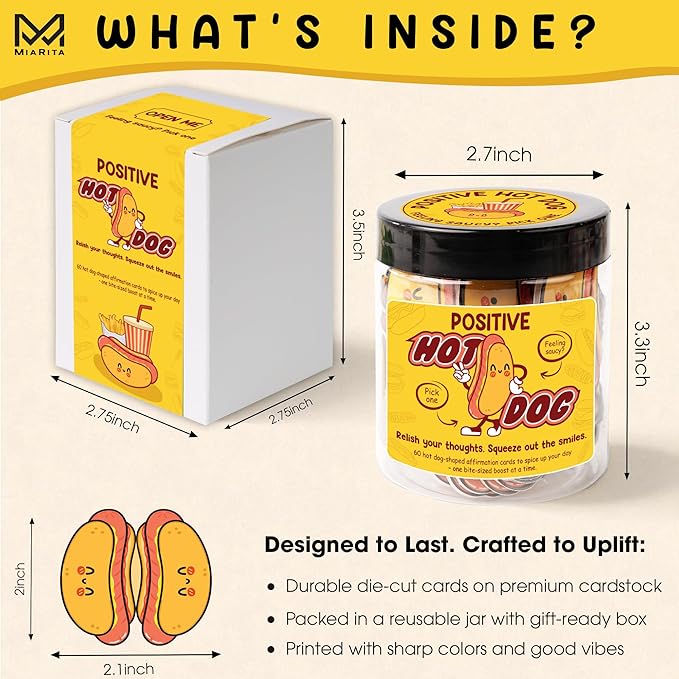Positive Hot Dog Jar, Emotional Supports Jar, 60 Affirmation Cards Cheer Up Funny Gag Gifts for Best Friend Birthday Women Teacher, Feel Better Gifts for Women