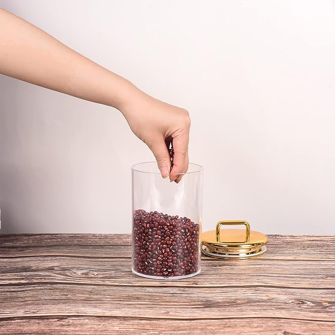 24 oz Medium Acrylic Storage Apothecary Jar with Gold Airtight Lid | Bathroom Vanity Organizer Containers | Ideal Decorative Canisters for Shells, Bath Salt, Grains, Cotton Ball, Flossers