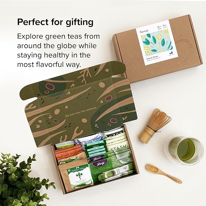 Sippingly Green Tea Sampler – 40 Assorted Green Tea Bags – 10 Flavors from Japan, Nepal, China & India – Naturally Energizing, Medium Caffeine – Ideal Gift for Tea Enthusiasts – Kosher, Gluten-Free