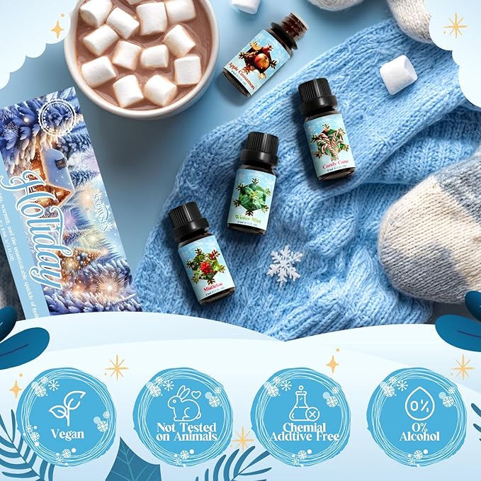 Holiday Fragrance Oil Set, Winter Essential Oils for Diffuser, Apple Cinnamon, Forest Pine, Candy Cane, Winter Mint, Cranberry, Mistletoe, Diffuser Oils Gift Set for Aromatherapy