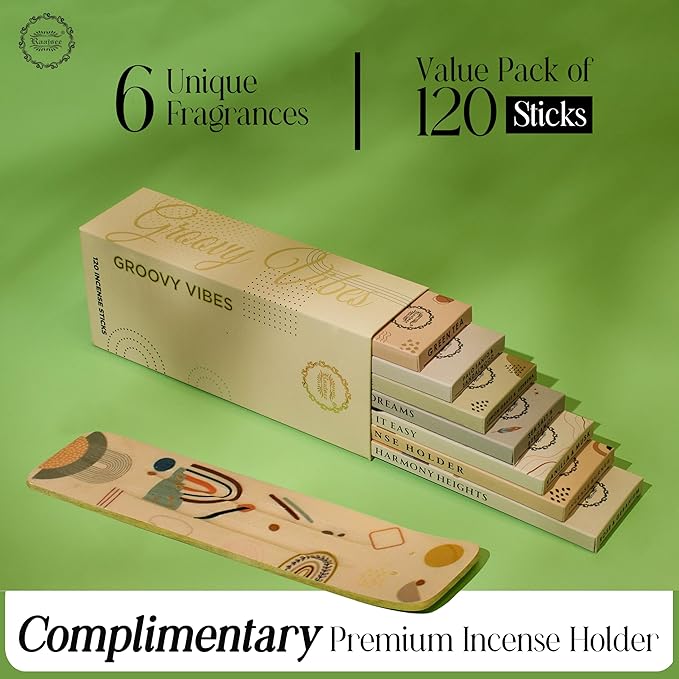 Raajsee Incense Sticks Organic Non Toxic - Pack of 6 Natural Inscents with Insence Holder -120 Sticks, Clean Burn, Boho Gift Set, Palo Santo & Sandalwood, Vanilla Musk, Rose, Green Tea, Lemon Grass