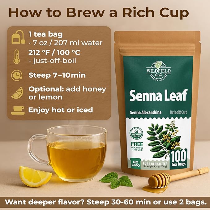 100 Bags Senna Leaf Senna Leaves Tea Herbal Tea (Senna Alexandrina) - 100 Count 1.5g Bags Hoja De Sen Hojas De Sen Para Te