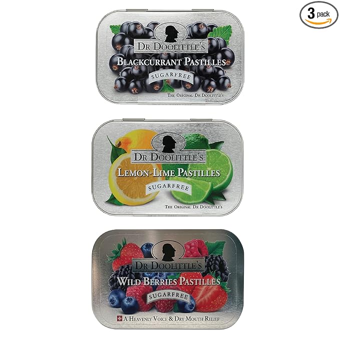DOOLITTLE Sugar Free Soft Fruit Pastilles for Voice and Throat, Blackcurrant, Lemon Lime, and Wild Berries Variety Flavor Pack, 2.12 Ounce Tin, Approximately 25 Count Package, 3 Tin Gift Set
