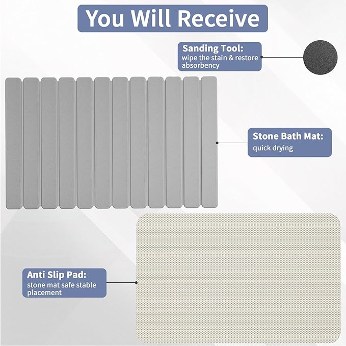 Large Stone Bath Mat 31.5 x 19.7in, Quick Dry Stone Drying Mats for Bathroom, Super Absorbent Foldable Bath Stone Mat, Non Slip, Large Diatomaceous Earth Dish Drying Mat for Kitchen Counter