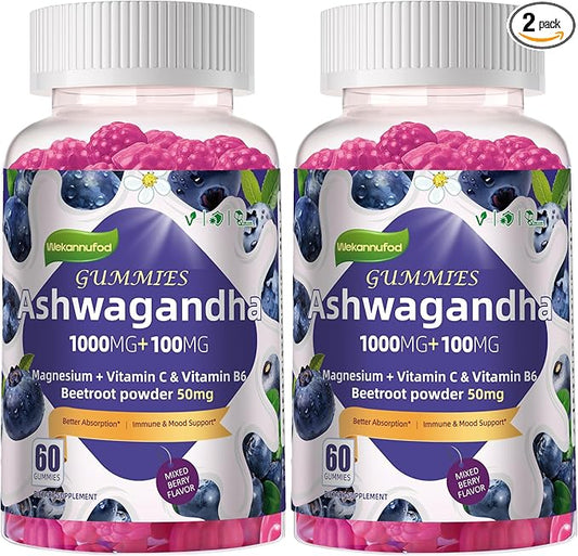 2 Pack Ashwagandha Gummies 1000mg & Vitamin D3 Gummies 120 Count Organic Root Extract Stress Relief Sleep Support(Non-GMO, Sugar Free & Gluten Free)