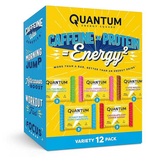 Quantum Energy Square: Energy Bar with Caffeine & 10g Protein. Delicious Healthy Snack On The Go. (Vegan, Gluten-free, Soy-free, Dairy-free) (Variety 12-Pack)