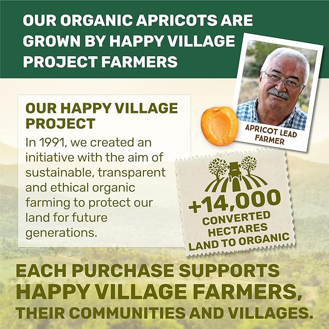 Happy Village Organic Turkish Sun-Dried Apricots, 20 OZ Resealable Bag, No Added Sugar Dried Fruit, USDA Organic, Non-GMO, Kosher, Vegan, Unsulfured, High in Fiber
