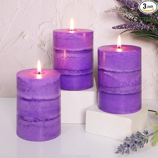 3" x 4" Handmade Pillar Candles Lavender Scented Purple Decorative Modern Aesthetic Long Clean Burning Fragrance Candle for Wedding Spas Meditations Christmas Home Decor,Set of 3