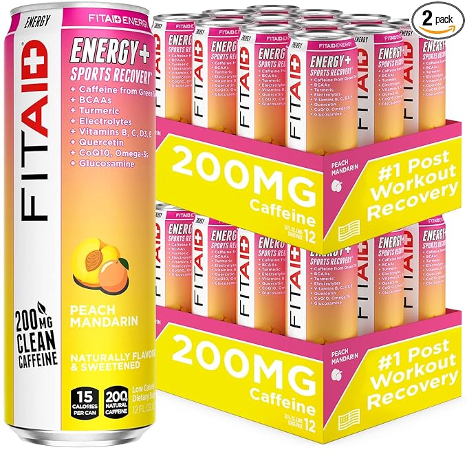 FITAID ENERGY, 200mg Natural Caffeine, Keto, Peach Mandarin, Optimum Performance Formula: BCAAs, Quercetin, Electrolytes, Omega-3s, 15 calories, Paleo, Vegan & Gluten-Free, 12-oz. cans 12 Count (Pack of 2)