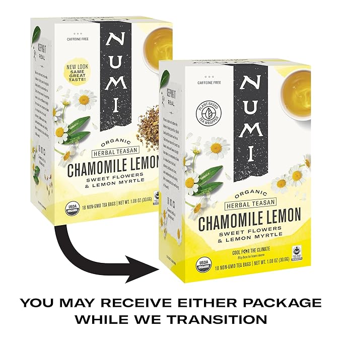 Numi Organic Tea Chamomile Lemon, Herbal Teasan, Packaging May Vary, 1.08 Oz, 18 Count (Pack of 3) - Packaging May Vary