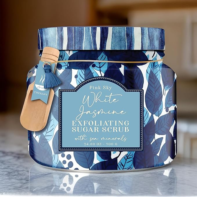 Pink Sky Exfoliating Body Scrub - Ultra Gentle Sugar Scrub for Smooth Skin - Premium Body Scrubs for Radiant, Soft Skin - Ideal Exfoliator for All Skin Types - 700g (White Jasmine, 24.69 Oz)