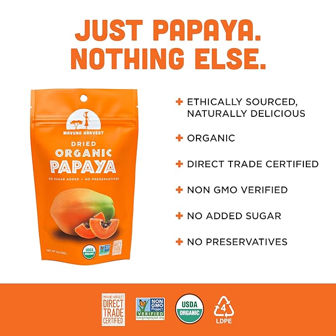 Mavuno Harvest Papaya Dried Fruit Snacks | Organic Dried Papaya Slices | Gluten Free Healthy Snacks for Kids and Adults | No Sugar Added, Vegan, Non GMO, Direct Trade | 2 Ounce, Pack of 3