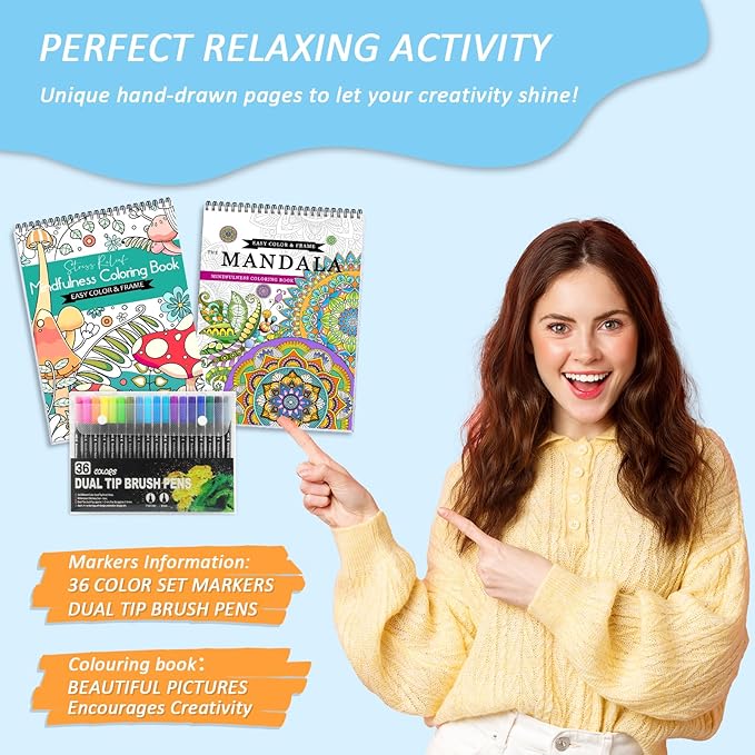 2Pcs Adult Coloring Books with 36 Colors Markers, Mandala Adult Coloring Book for Women Relaxation with 48 Patterns, Colors Markers Set, Anxiety Relief Mindfulness Gifts Original & Hand Drawn