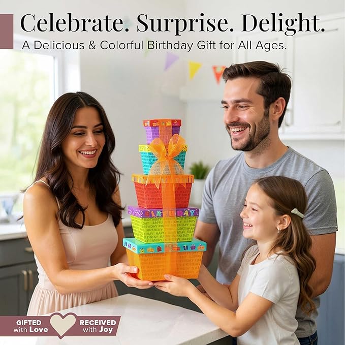 Broadway Basketeers Birthday Gift Basket Tower for Women, Men, Mom, Dad, Her, Him, Kids, Families – Curated Snack Box, Sweet and Savory Treats for Parties
