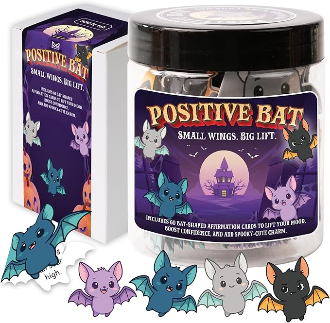 Positive Bat Jar, 60 Bat-Shaped Affirmation Cards, Cute Spooky Self Care, for Women & Teens, Halloween Basket Stuffers for Adults, Boo Basket Stuffers for Women