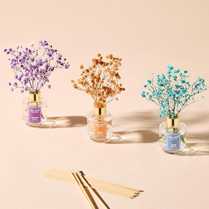 Airkeep Reed Diffuser Set of 3, Ocean Breeze Sweet Orange Cashmere Vanilla Oil Reed Diffusers for Bedroom Living Room Office Aromatherapy Oil Reed Diffuser for Gift 50ml x 3