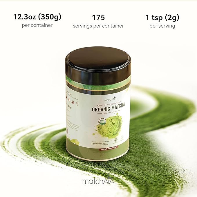 MatchAiA Organic Matcha Green Tea Powder - Premium Culinary Grade, USDA Certified, 100% Pure - Perfect for Lattes, Smoothies, Desserts and Baking - Sugar Free, Gluten Free (350g / 12.3oz Tin)