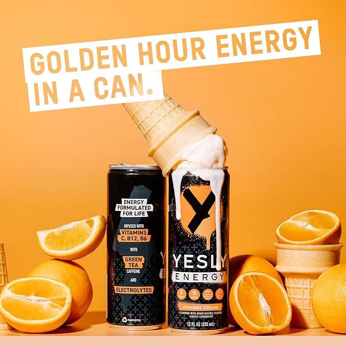 Yesly Energy Drink, Orange Cream, Naturally Flavored Sparkling Energy Drink With Electrolytes, Magnesium, Potassium, Vitamin C, B6 & B12, Natural Caffeine From Green Tea, 12 Fl Oz Cans, 12 Pack