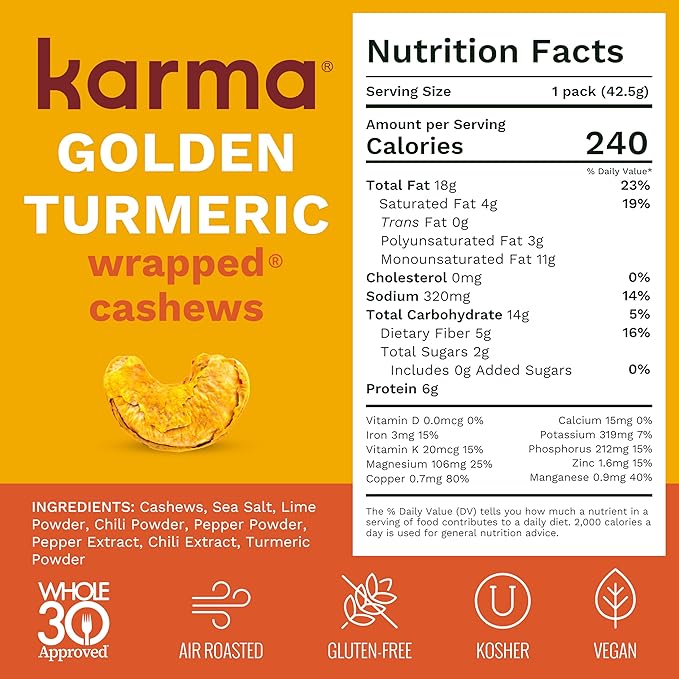 Golden Turmeric Cashews with Skin by Karma Nuts, Whole, Roasted, Vegan, Gluten Free, Low Net Carb, Natural, Everyday Nut Snack, 1.5 Ounce (12 Snack Packs)