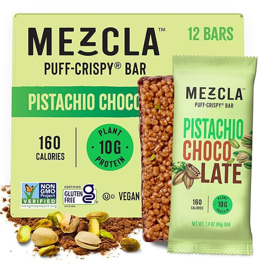 Mezcla Puff Crispy Protein Bars, Gluten Free & Vegan Protein Bars, 10g Protein, Alt for Pistachio Dubai Chocolate Bar, Granola Bars & Breakfast Bars, Healthy Snacks for Adults, Pistachio Chocolate, 12 Pack