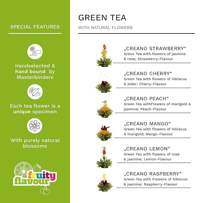 Creano Tea Flowers Mix - Blooming Green Tea, Fruity Flavoured (Roses in 6 Varieties), Flowering Set