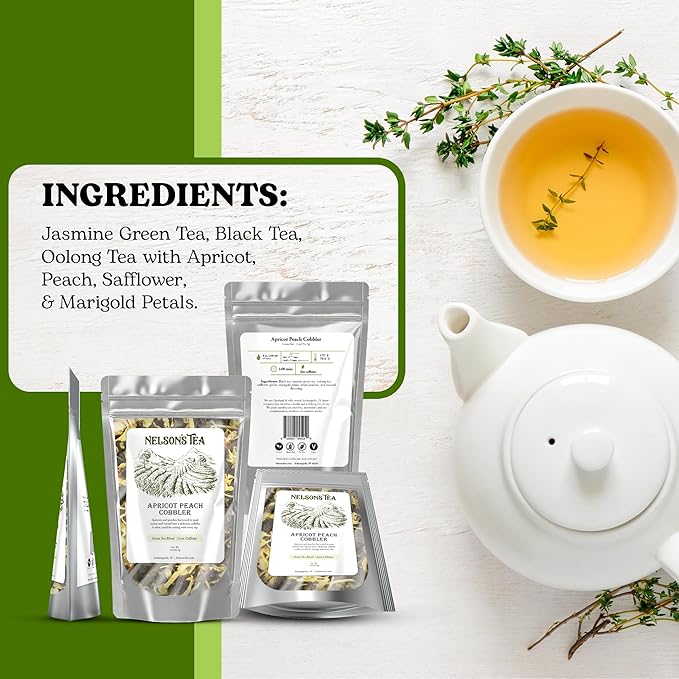 Nelson's Tea Apricot Peach Cobbler Tea Loose Leaf Blend - Jasmine Green Tea, Black Teas, Oolong, Safflower & Marigold Petals - Apricot Peach, Black Jasmine Teas (2oz)