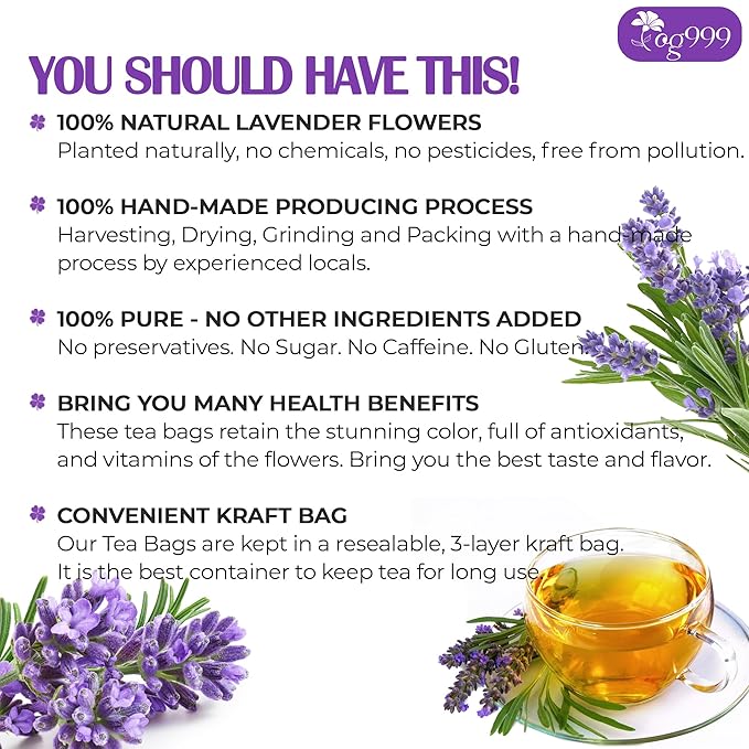 TOG999, Premium 30 Lavender Flower Tea Bags, 100% Natural & Pure. Loose Flower Lavender Herbal Tea. No Sugar, No Caffeine, No Gluten, Vegan.