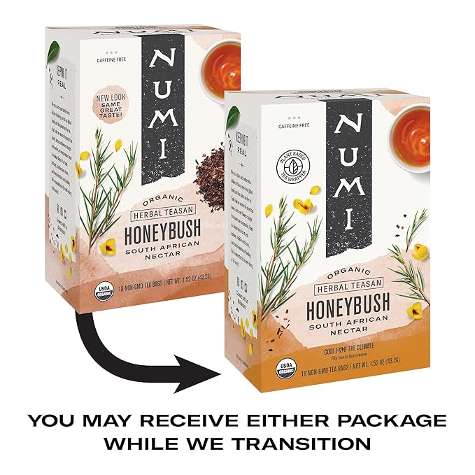 Numi Organic Honeybush Tea, 18 Tea Bags, Sweet South African Herbal Tea, Caffeine Free (Packaging May Vary)