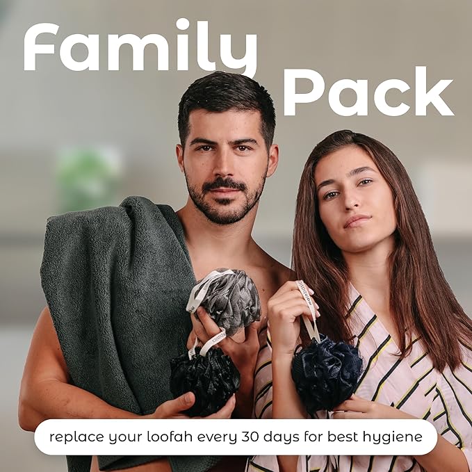 MainBasics Bath Shower Loofah Sponge Pouf Body Scrubber Exfoliator Body Wash Sponge (Set of 3, Black Ice)