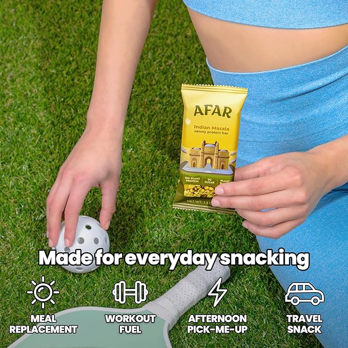 Afar Savory Protein Bars – Low Sugar, High Protein – Healthy Snacks for Adults – Meal Replacement Bar – Rice Crispy Texture – Vegan, Gluten Free (8 Bars, Indian Masala)