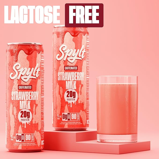 Spylt High Protein Strawberry Milk with 60mg Caffeine & 20g Protein - 90 Calories, Ready to Drink, Sugar Free, Lactose Free Milk, Perfect for Workout Recovery & Afternoon Pick Me Up - 12 Count