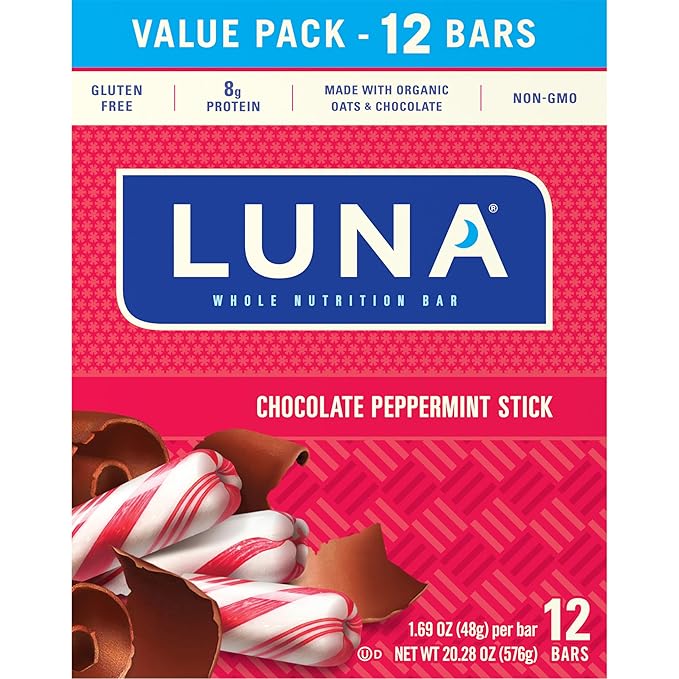 LUNA Bar - Chocolate Peppermint Stick Flavor - Snack Bars - Non-GMO - Gluten-Free Protein Bars - Made with Organic Oats (12 Pack)