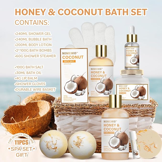 Spa Gift Basket for Women, 11pcs Honey & Coconut Luxury Bath Gift Set, Spa Kit with Shower Gel, Bubble Bath, Bath Bombs , Christmas Gifts for Her, Women, Mom Birthday