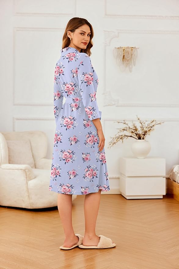 Ekouaer Robes for Women Long Waffle Knit Bathrobe Lightweight Kimono Robe Soft Shawl Collar Spa Robes with Pockets S-XXL