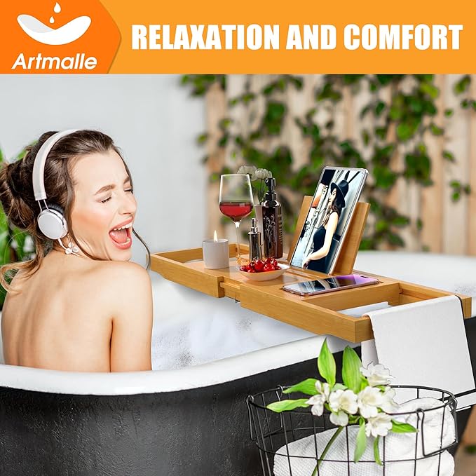 Artmalle Bathtub Caddy Tray for Tub, Expandable Bamboo Bath Table Tray with Book Stand for Home Spa Relaxing, Foldable Minimalist Bathroom Accessories for Women Men (Simple, Natural) (Natural)