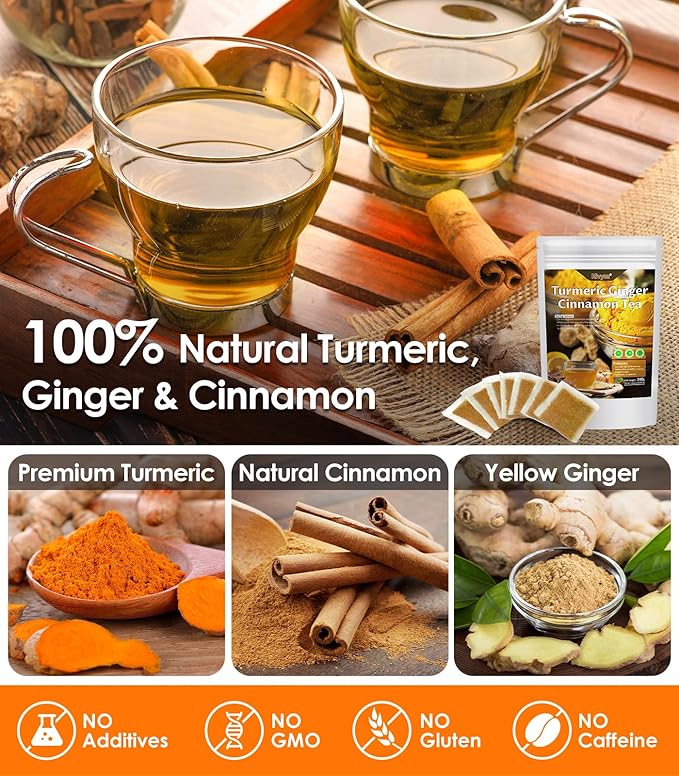 60Pcs Turmeric Ginger Cinnamon Tea, Natural Turmeric Herbal Tea, Improve Digestion, Support Skin, Sleep, Eco-Conscious Teabags, No Sugar, No Caffeine, No Gluten