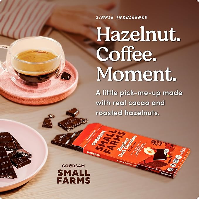 GoodSAM Hazelnut Dark Chocolate Bars - (Pack of 3) – 70% Cacao Premium Organic Dark Chocolate with Roasted Hazelnuts – Fair Trade Snacks that Support Small Family Farms