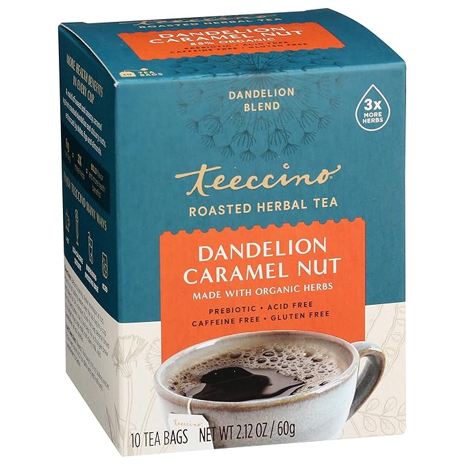 Teeccino Dandelion Dark Roast and Dandelion Caramel Nut Tea Variety Pack - Caffeine-Free, Roasted Herbal Tea with Prebiotics, Gluten Free - 10 Tea Bags (Pack of 4)