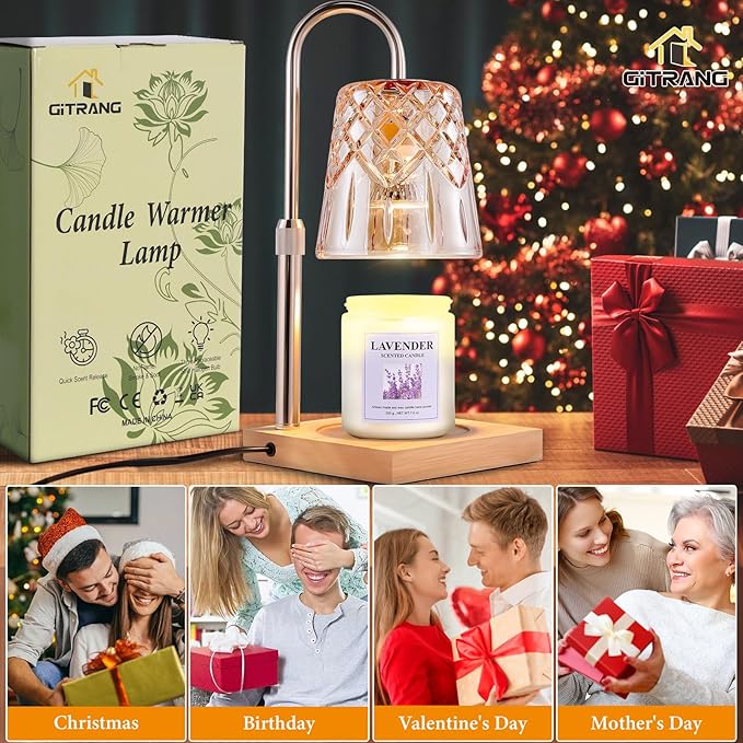 Candle Warming Lamp with Timer Dimmer, Adjustable Height Electric Wax Melt Warmer for Jar Candles with 3 Bulbs, Mother's Day Women's Home Decor Gift, Champagne Color Pole with Square Base