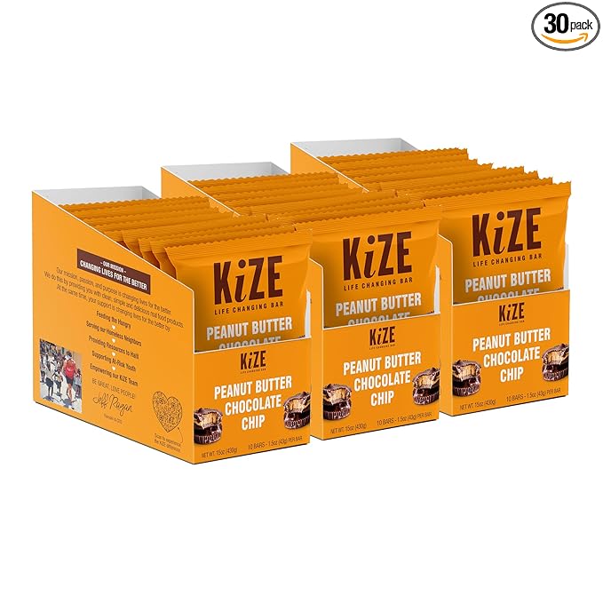 KiZE Energy Bars - Peanut Butter Chocolate Chip - 30-Count - Gluten Free, Dairy Free, Non-GMO, and High Protein Meal Replacement Energy Bars, Clean and Simple Food Ingredients - 10g High Protein Snacks (30 Count)