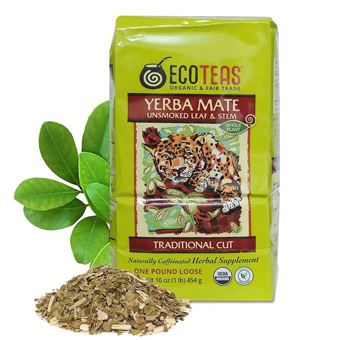 ECOTEAS Organic Yerba Mate Loose Leaf Tea – Unsmoked Detox Herbal Tea for Natural Energy – Coffee Alternative - Kosher, Non-GMO, Gluten-Free - Traditional Cut, 1 lb (Pack of 1)