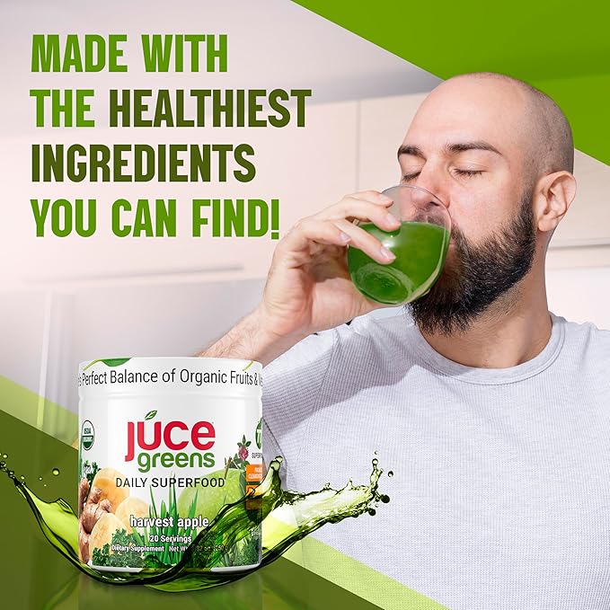 Terra Kai Organics JUCE Green Superfood Powder, Organic Fruits and Veggies Supplement W/ 77 Superfoods Plus Prebiotic Probiotic Blend, Harvest Apple Flavor - 20 Servings (250 g)