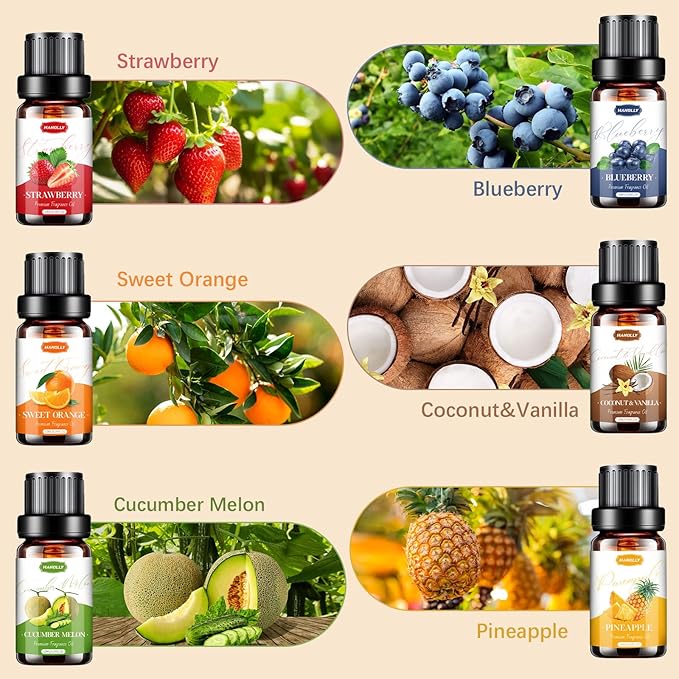 Fruity Essential Oils Set - Fruity Scents Fragrance Oil Aromatherapy Essential Oils Kit for Diffuser, Candle Making (6x10ML) Strawberry, Coconut Scented Oil