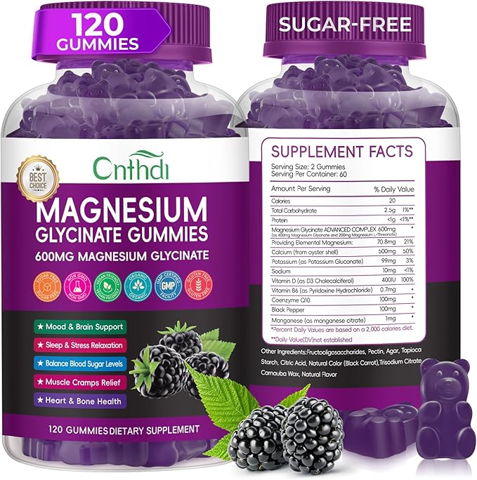 Magnesium Glycinate Gummies for Adults, High Absorption Vitamin Magnesium Gummies with L-Threonate, Calcium, B6, D3, Sugar Free Chews, Relaxation, Stress Relief, Night Rest