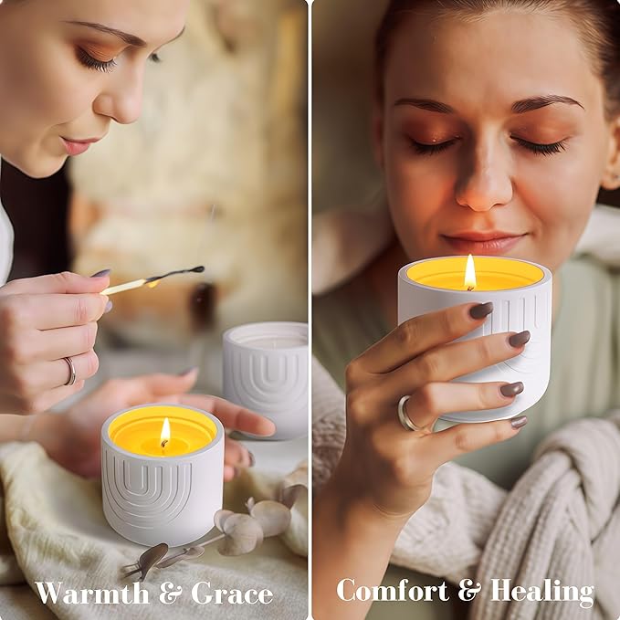 Viyffo Sandalwood Scented Candle, Natural Soy Wax in Modern White Ceramic Jar, Long Lasting Aromatherapy Candle for Relaxation, Meditation & Home Decor Gift