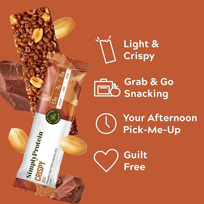 Simply Protein - Peanut Butter Chocolate Crispy Bars - Plant Based Protein Bars - Low Carb, Low Sugar, High Fiber - 13g Protein, 2g Sugar, 7g Fiber - Vegan, Gluten Free, Non GMO, Kosher - 4 Bars